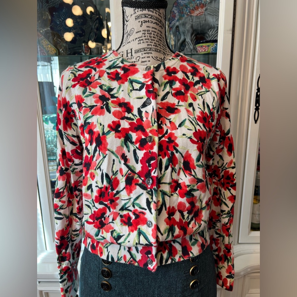 2/28 Lands' End Red-Green-Black Floral Print Cardigan Sweater S 6-8